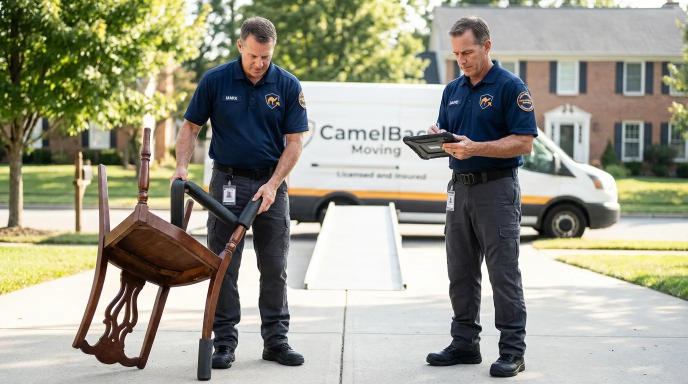 Movers inspecting furniture for damage prevention before loading in Union, MO