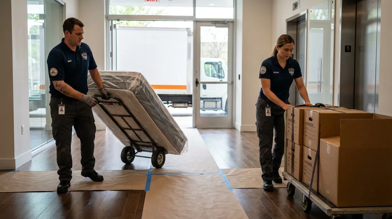 Professional apartment movers loading elevator in Union, MO