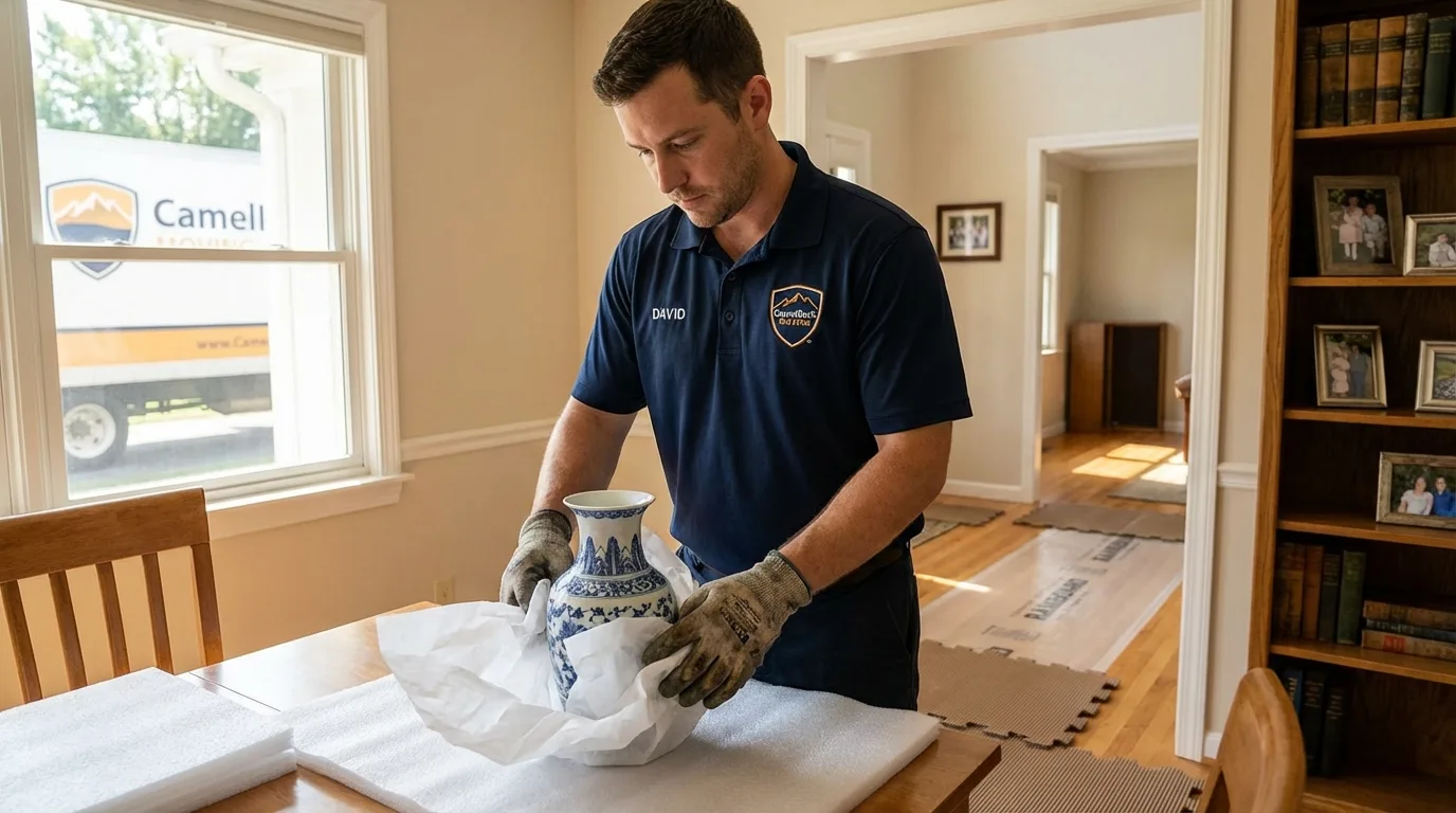 Professional crew carefully wrapping antique vase for senior downsizing move in Union, MO